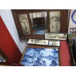 An Edwardian Wall Mirror, flanked by two sepia maiden prints, in oak frame, 78cm wide, pictorial