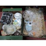 Wine Glasses, pressed glass, cake stand, cutlery, etc:- Two Boxes.