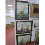 J. Harvey, Fighting Galleons, pair of oils on canvas, circa 1970's, 29.5 x 39cm, another of a