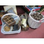 Mixing Bowl, Art Deco and brass photograph frames, coinage, brass planter, prints, pine cones, etc.