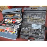 Tools - marking gauge, hack saw, etc, in metal carry box, drill attachments in case.