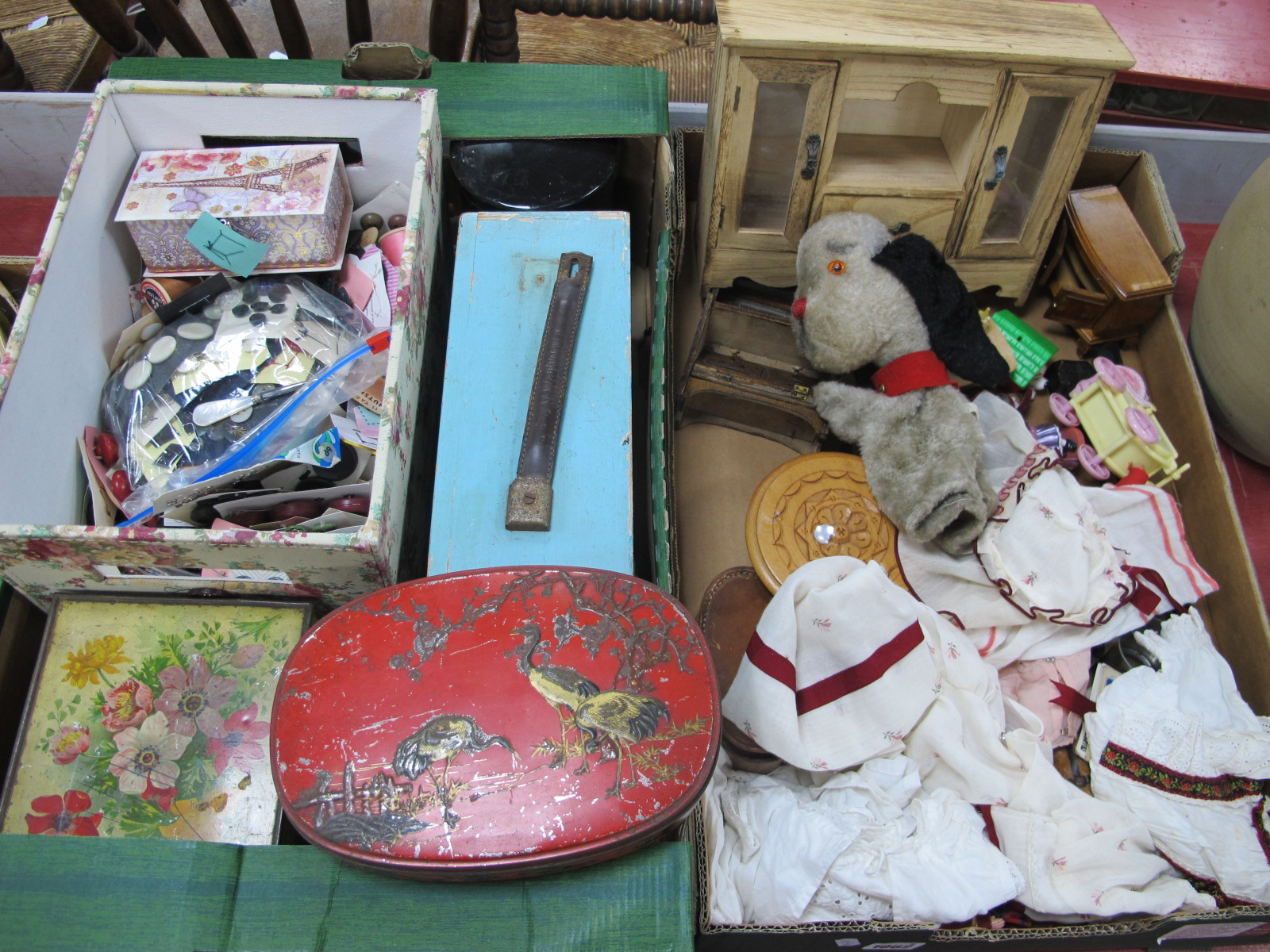 Buttons, model furniture, tins, Sweep puppet, etc:- Two Boxes.