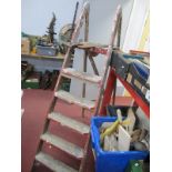 Woodworkers Tools, Woden corner clamp, plasterers equipment, etc:- Two Boxes, folding steps.