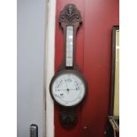 Mahogany Banjo Barometer, with poker work carving, Made In England, thermometer to neck.