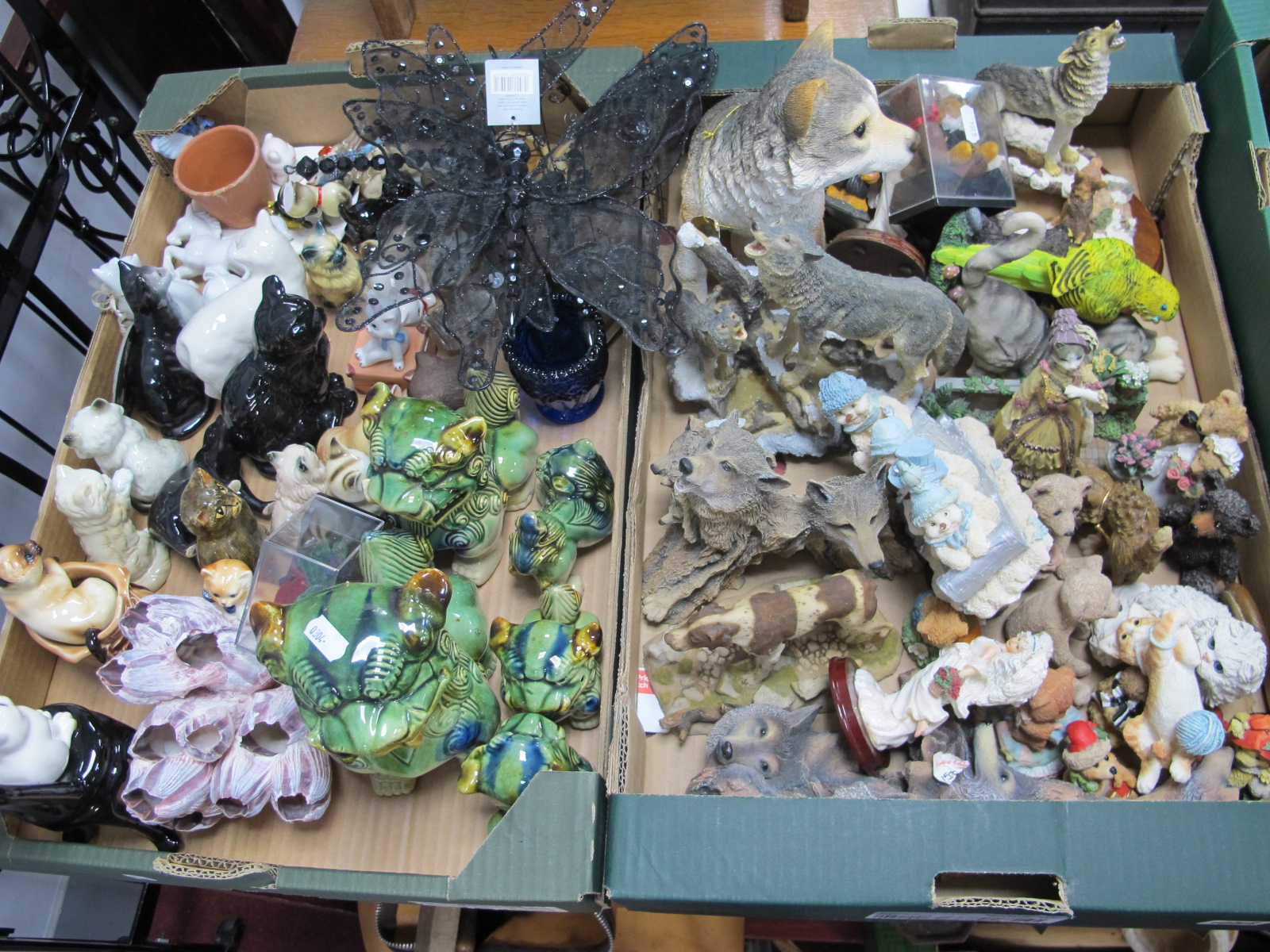 Resin Figures, pottery temple lions, cats, black butterflies, mini teddies, etc:- Two Boxes.
