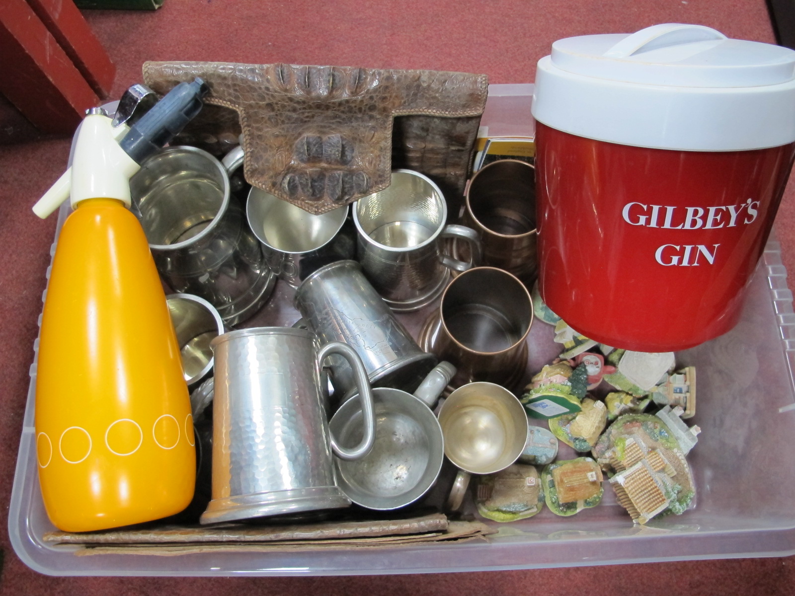 Two English Copper Tankards, pewter examples, BOC soda syphon Gilbey's gin ice bucket, reptile