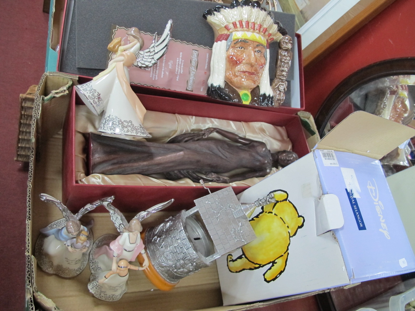 Disney Selangor Pewter Money Box as a Wishing Well, Tribe of Africa resin figure of Tigisi (damaged)