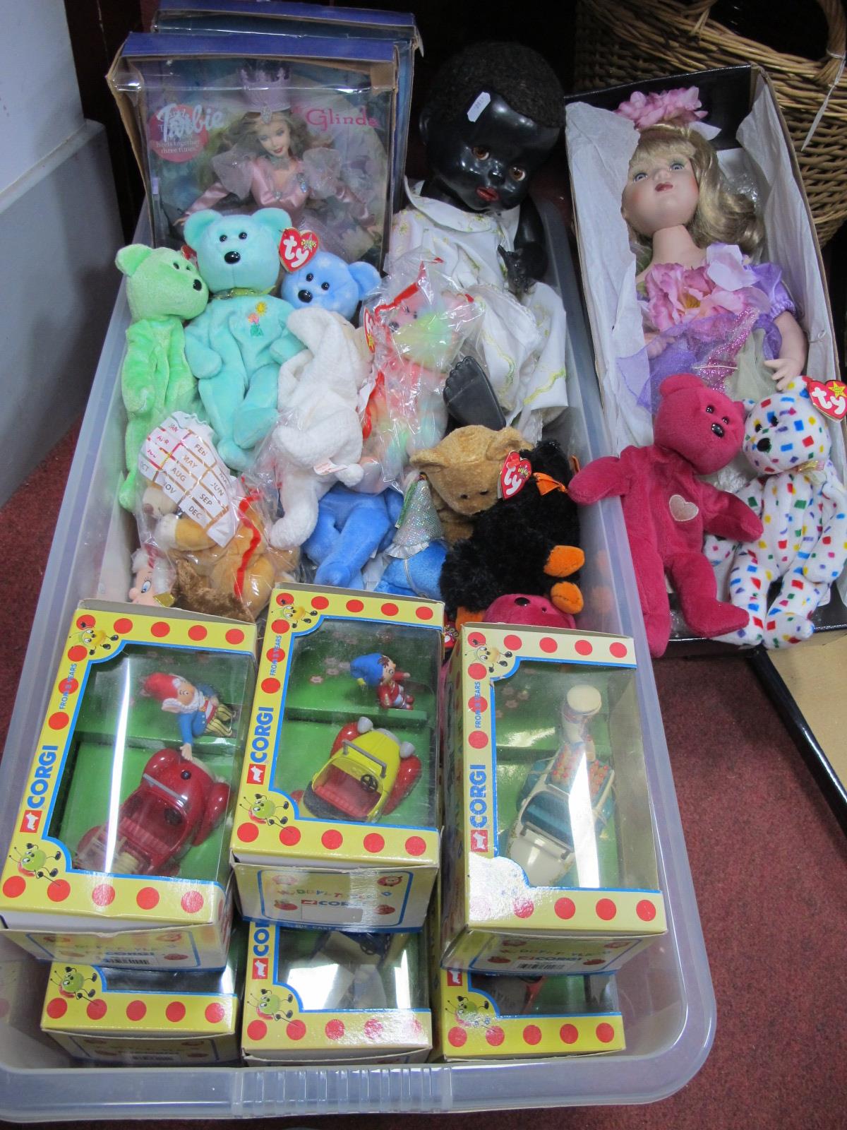 Ty Beanies, Pedigree black doll, two Barbie, six Corgi Noddy boxed vehicles, Stewart Ross doll