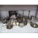 A Mixed Lot of Assorted Plated Ware, including posies, decorative mini coffee set on circular