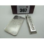A Feature Hallmarked Silver Bullion Bar Pendant, (32 grams), and a "Credit Suisse" one ounce fine