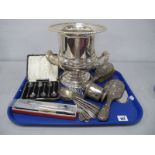 A Hallmarked Silver Backed Hand Mirror and Brush, (damages) a plated wine cooler, a set of six