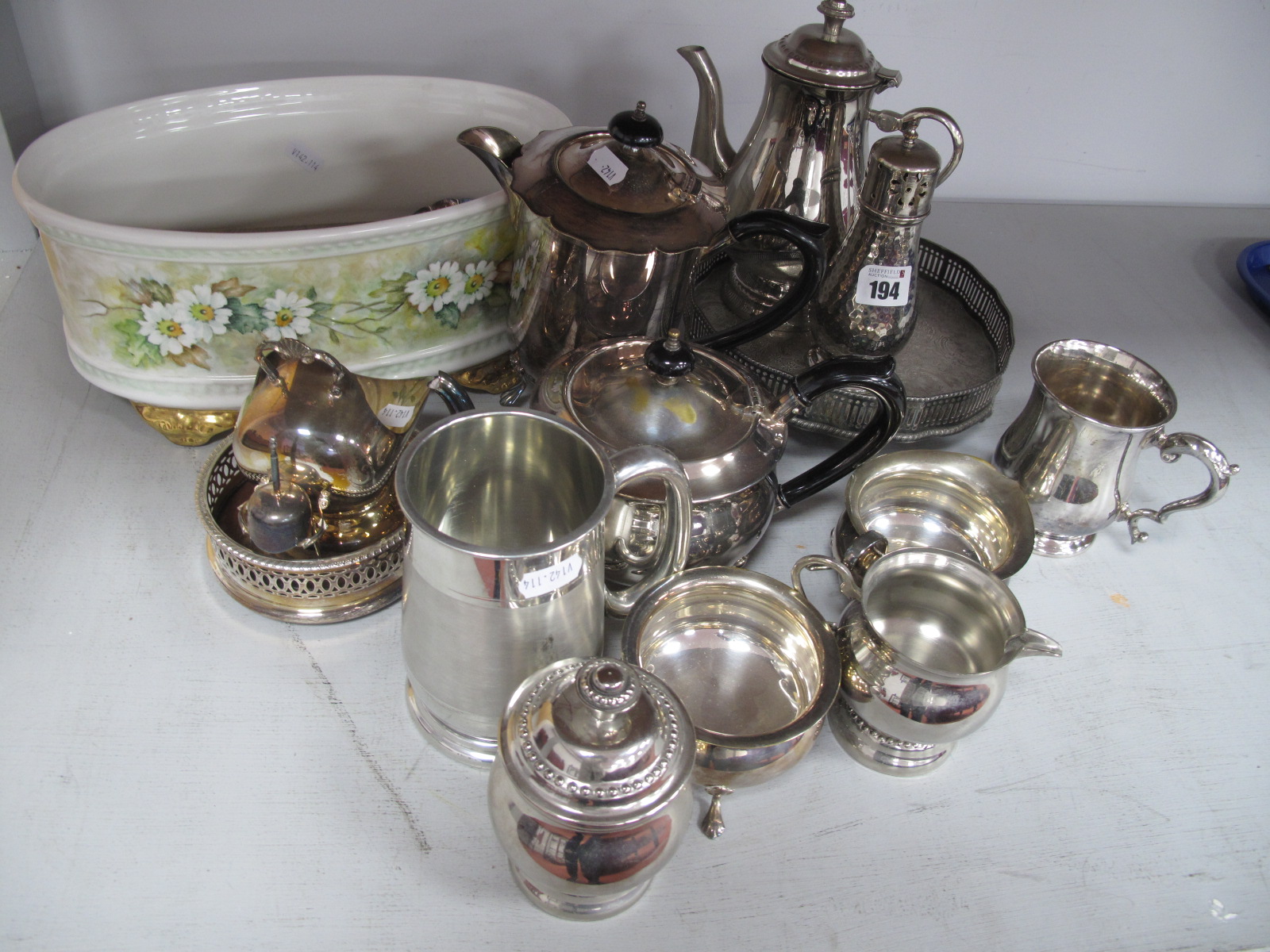 Assorted Plated Ware, including thimbles, one with enamel decoration stamped "925"; plated tea sets,