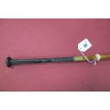 A Sword Cane, carved wood handle 20.5cm, 34cm blade overall length 90.5cm long.