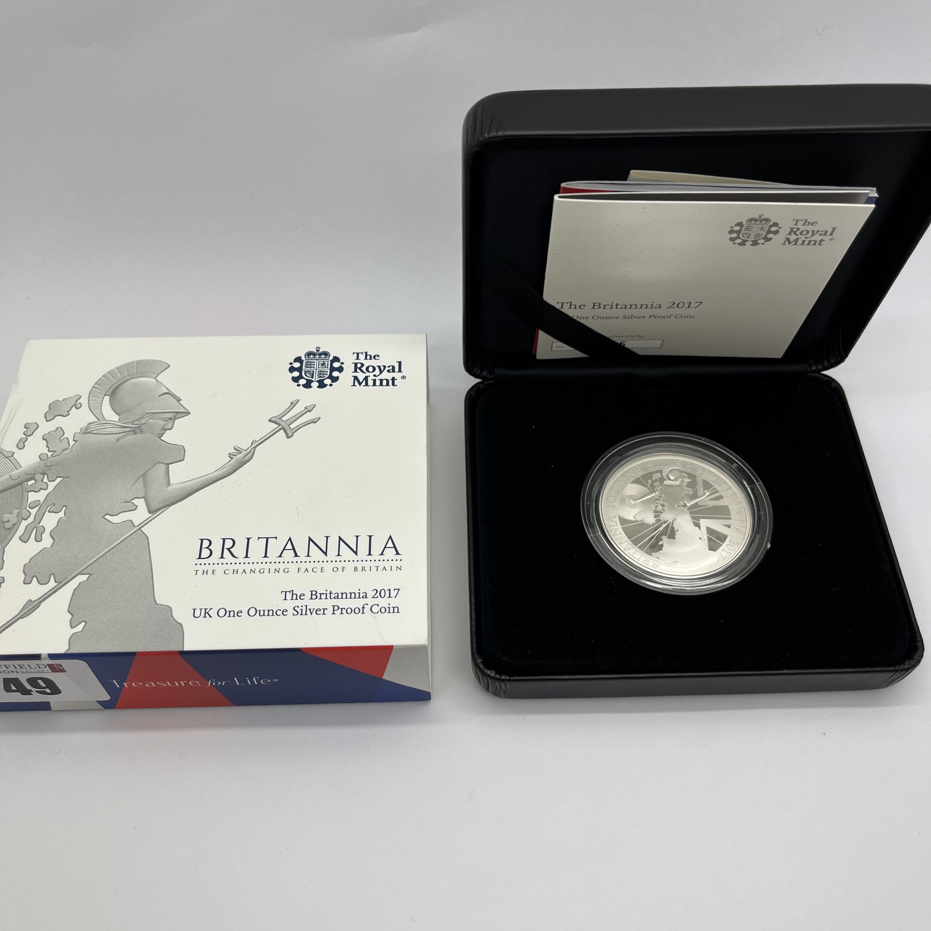 Royal Mint Silver Proof 2017 One Ounce Britannia Coin, boxed, with certificate of authenticity.