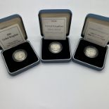 Three Silver Proof Royal Mint £1 Coins, 1990, 1997, and 1998, all cased with certificate of