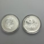 Two Perth Mint BUNC Silver Lunar One Ounce Coins, 2015 Year of the Goat, encapsulated