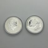 Two Perth Mint BUNC Silver Lunar One Ounce Coins, 2016 Year of The Monkey, encapsulated.