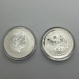 Two Perth Mint BUNC Silver Lunar One Ounce Coins, 2015 Year of the Goat, encapsulated