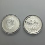 Two Perth Mint BUNC Silver Lunar One Ounce Coins, 2015 Year of the Goat, encapsulated