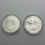 Two Perth Mint BUNC Silver Lunar One Ounce Coins, 2015 Year of the Goat, encapsulated