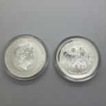 Two Perth Mint BUNC Silver Lunar One Ounce Coins, 2015 Year of the Goat, encapsulated