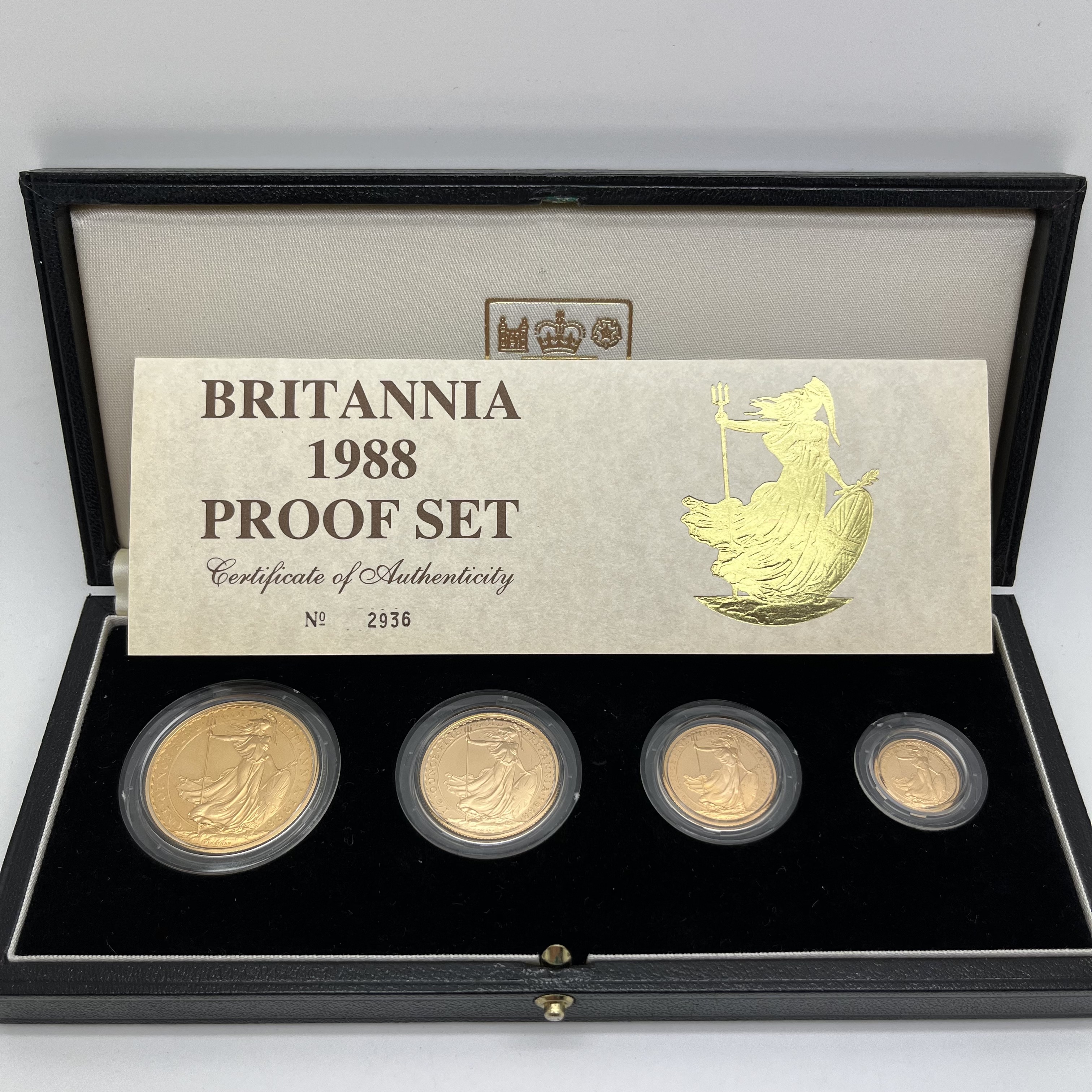 1988 Royal Mint Gold Proof Britannia Four Coin Set, 1oz, 1/2oz, 1/4oz and 1/10oz, cased with