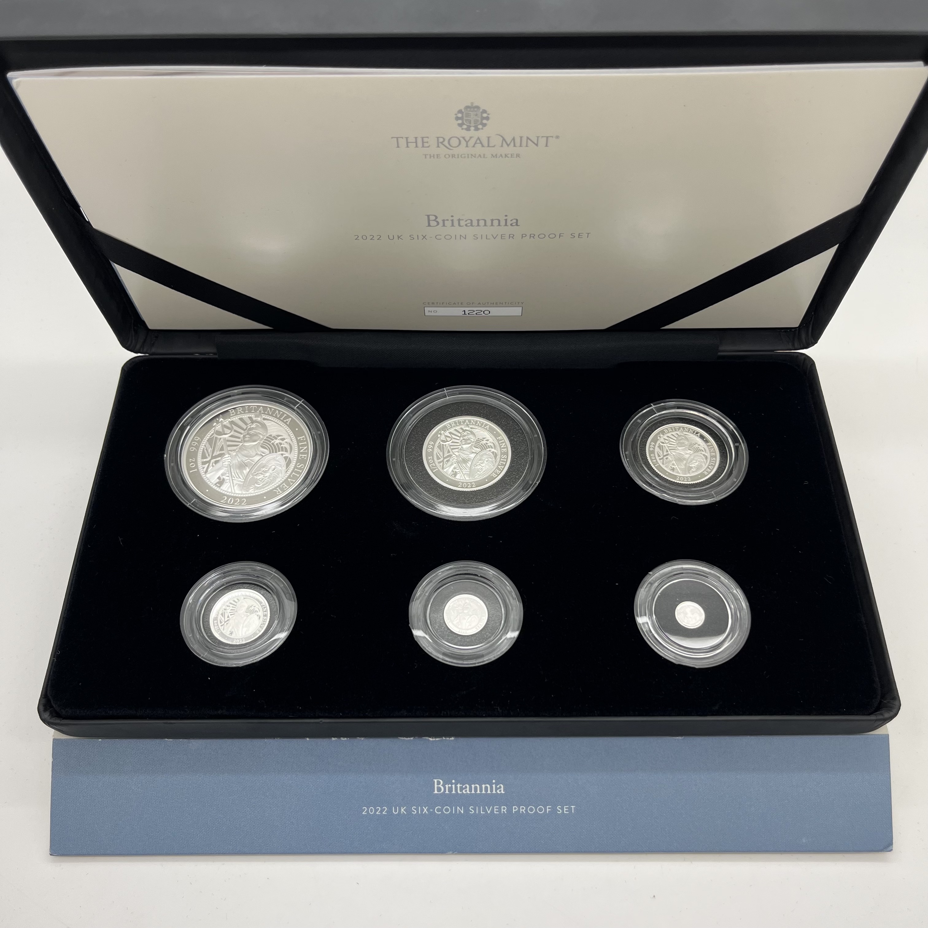 2022 Royal Mint Silver Proof Britannia Six Coin Set, cased, with certificate of authenticity.