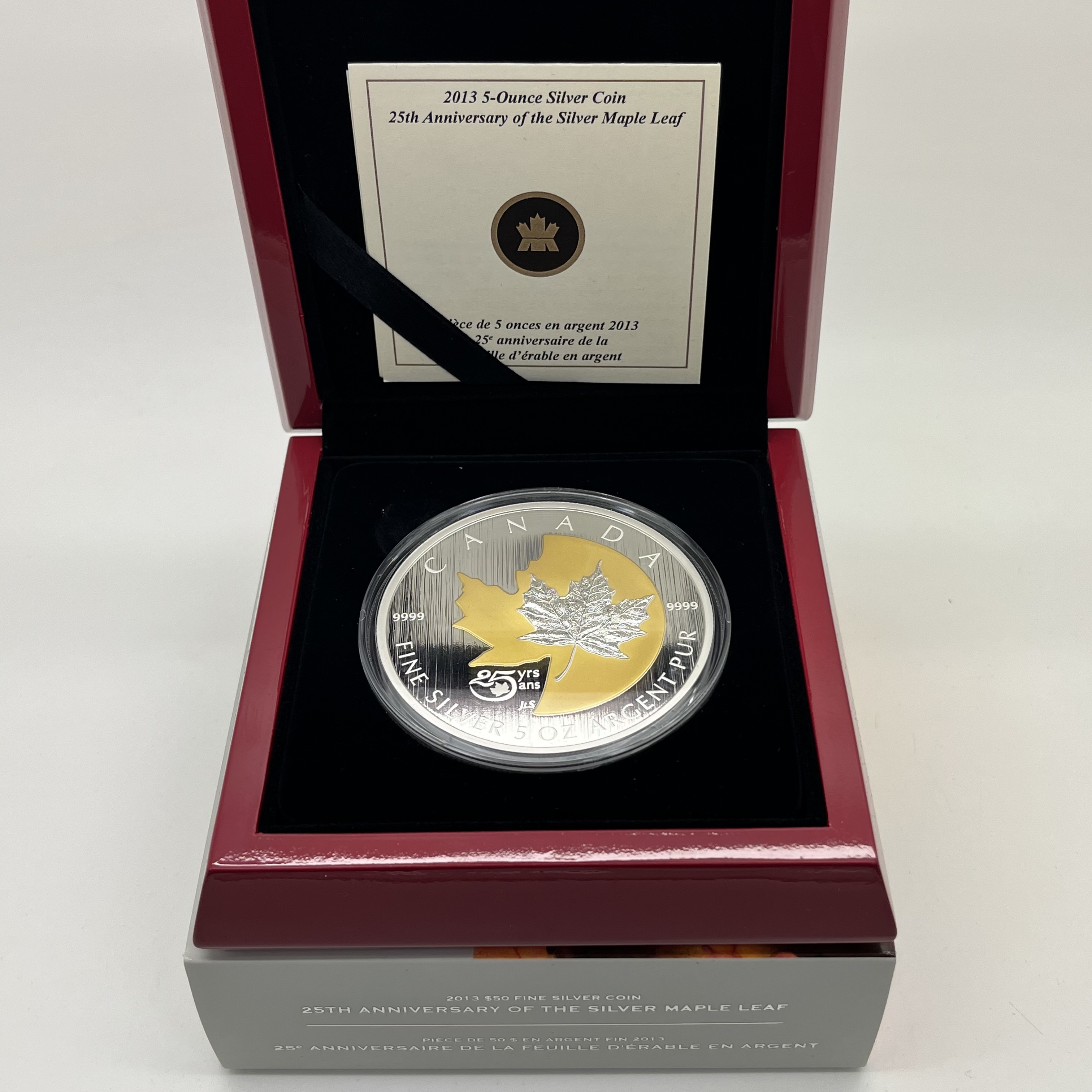 Royal Canadian Mint 2013 Five Ounce Fine Silver 50 Dollars Coin, boxed with certificate of