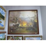 Contemporary, Masted Ships on Fire by a Shoreline, oil on panel, signed indistinctly lower right, 78