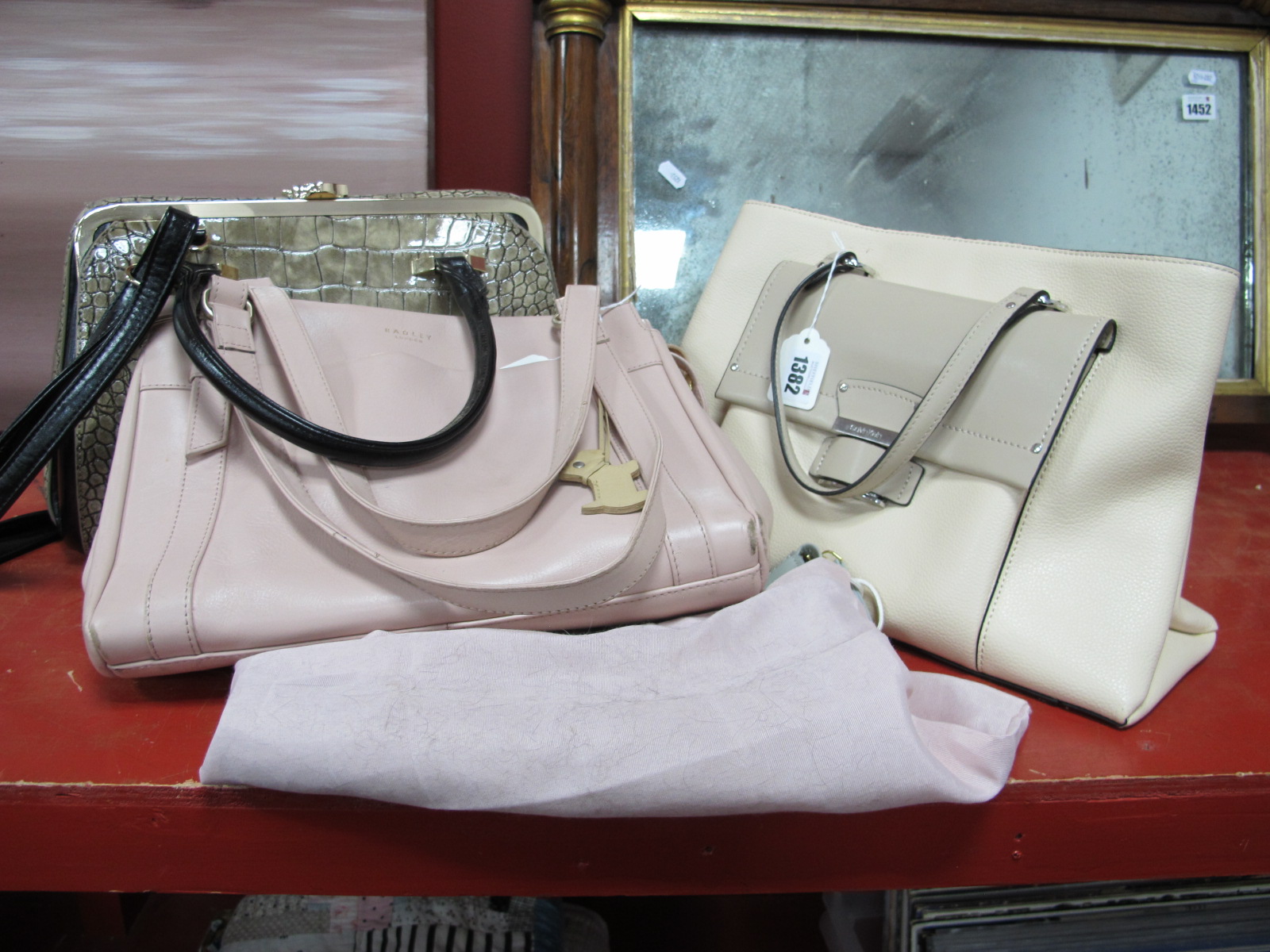 A Calvin Klein Cream leather Handbag, in textured and smooth leather; a pale Pink Radley Leather