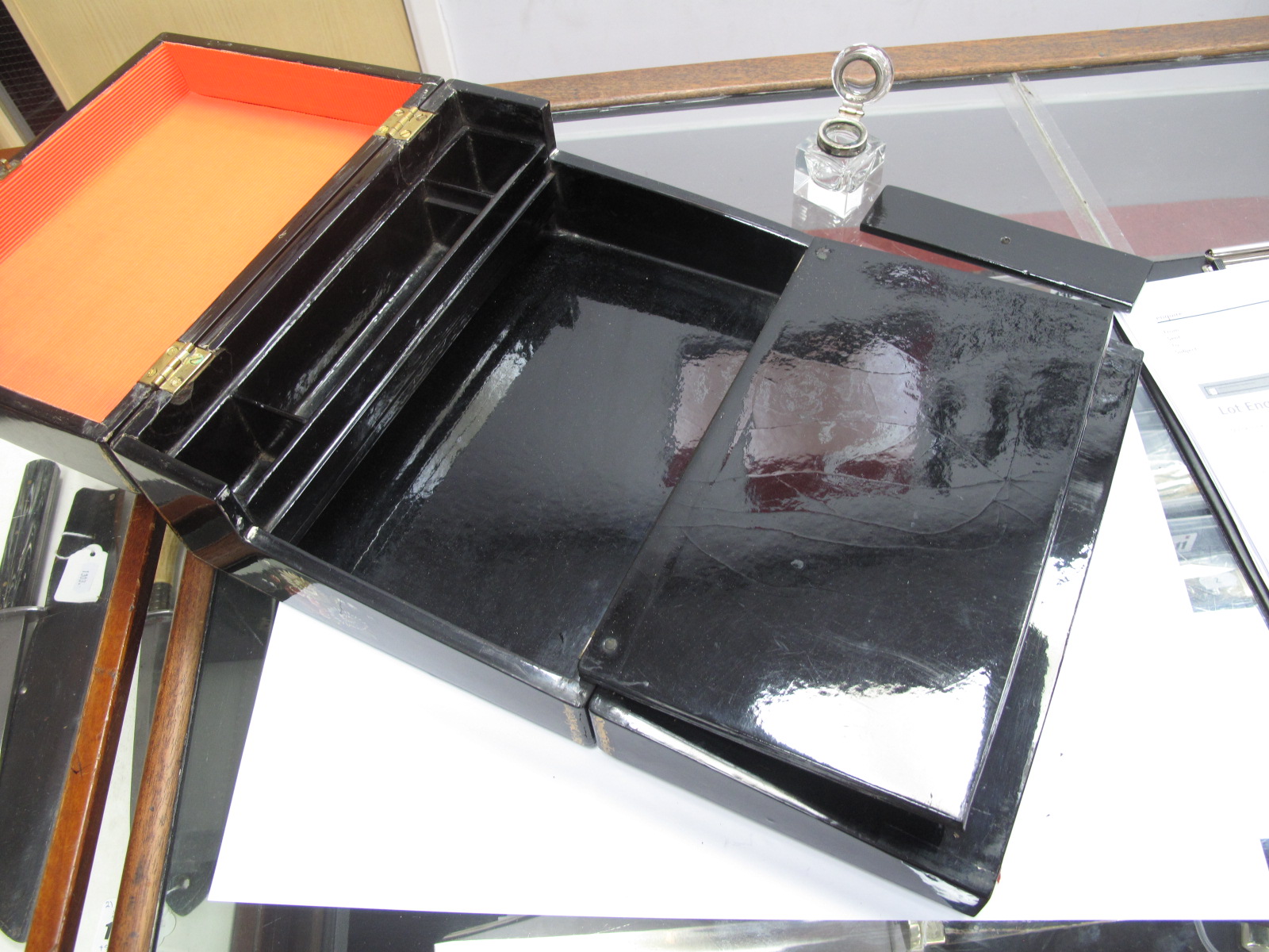 A Mid XIX century Black Lacquered Writing Box, with mother of pearl inset decoration to the lid, the - Image 4 of 4