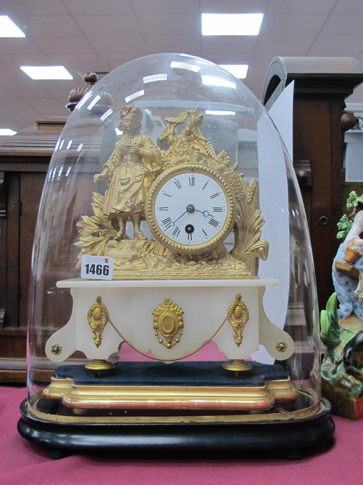 XIX Century Gilded Spelter and Alabaster French Mantle Clock, with mounted figure by white enamel