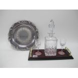 A Modern Glass Square Decanter and Stopper and a Pair of Matching Glasses, upon a two handled