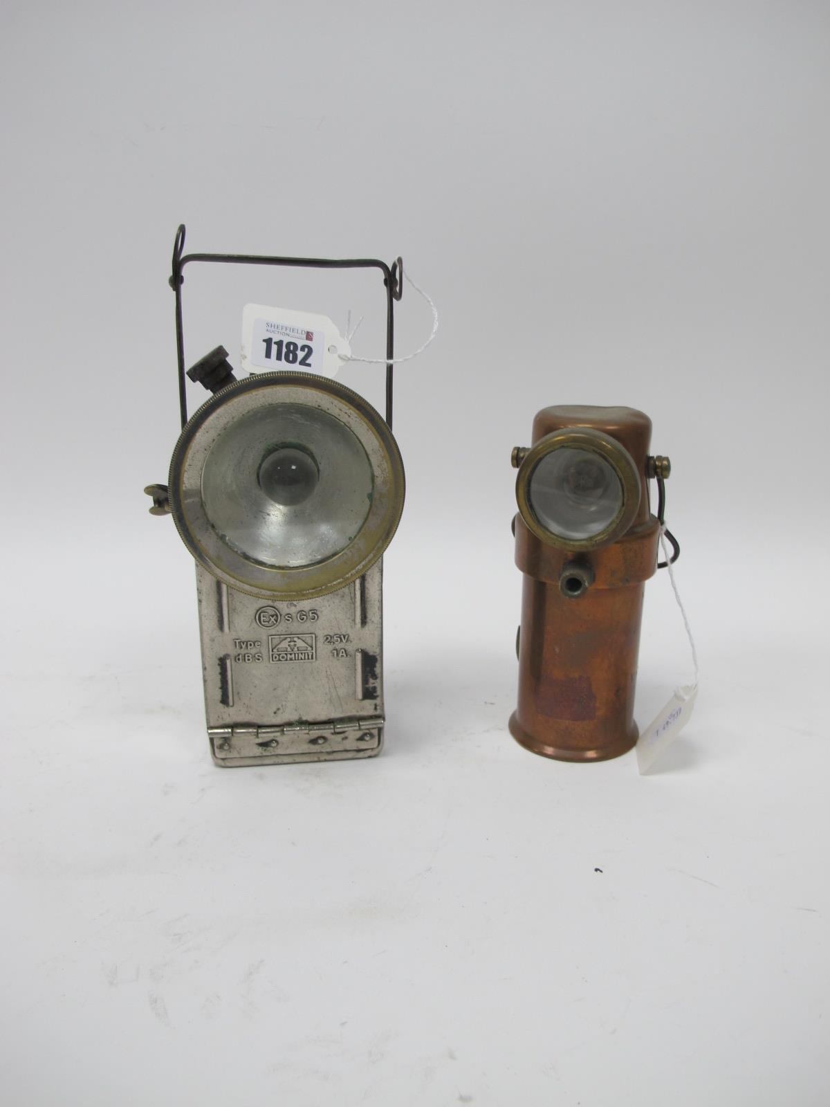 Miners Lamp, The Ceag Type BE3, with arrow and 6 stamp to copper casing 16cm high. Dominit type