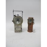 Miners Lamp, The Ceag Type BE3, with arrow and 6 stamp to copper casing 16cm high. Dominit type