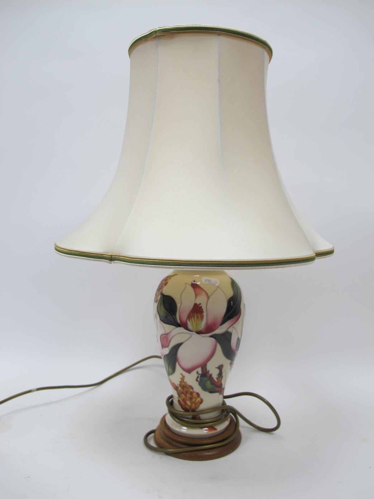 A Modern Moorcroft Pottery Table Lamp, of baluster form, painted in the Calypso Magnolia pattern,