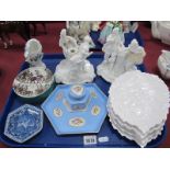 'VA' Portuguese Handpainted Ink Bottle On Matching Hexagonal Tray, five Spode leaf dishes, cross