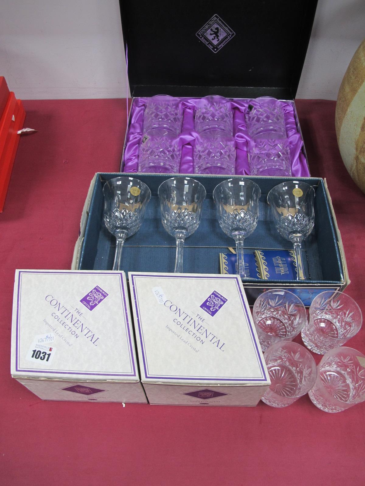 A Set of Six Edinburgh International Hand Cut Whisky Glasses, two other pairs, and four Concerto