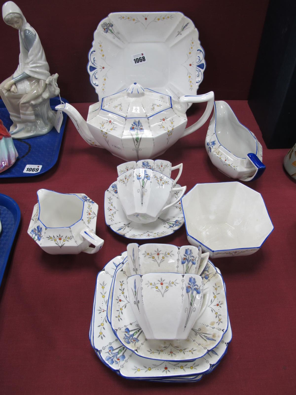 A Shelley Queen Anne Shape Octagonal Teapot, 'Blue Iris' pattern no 11561, bread plate, five side