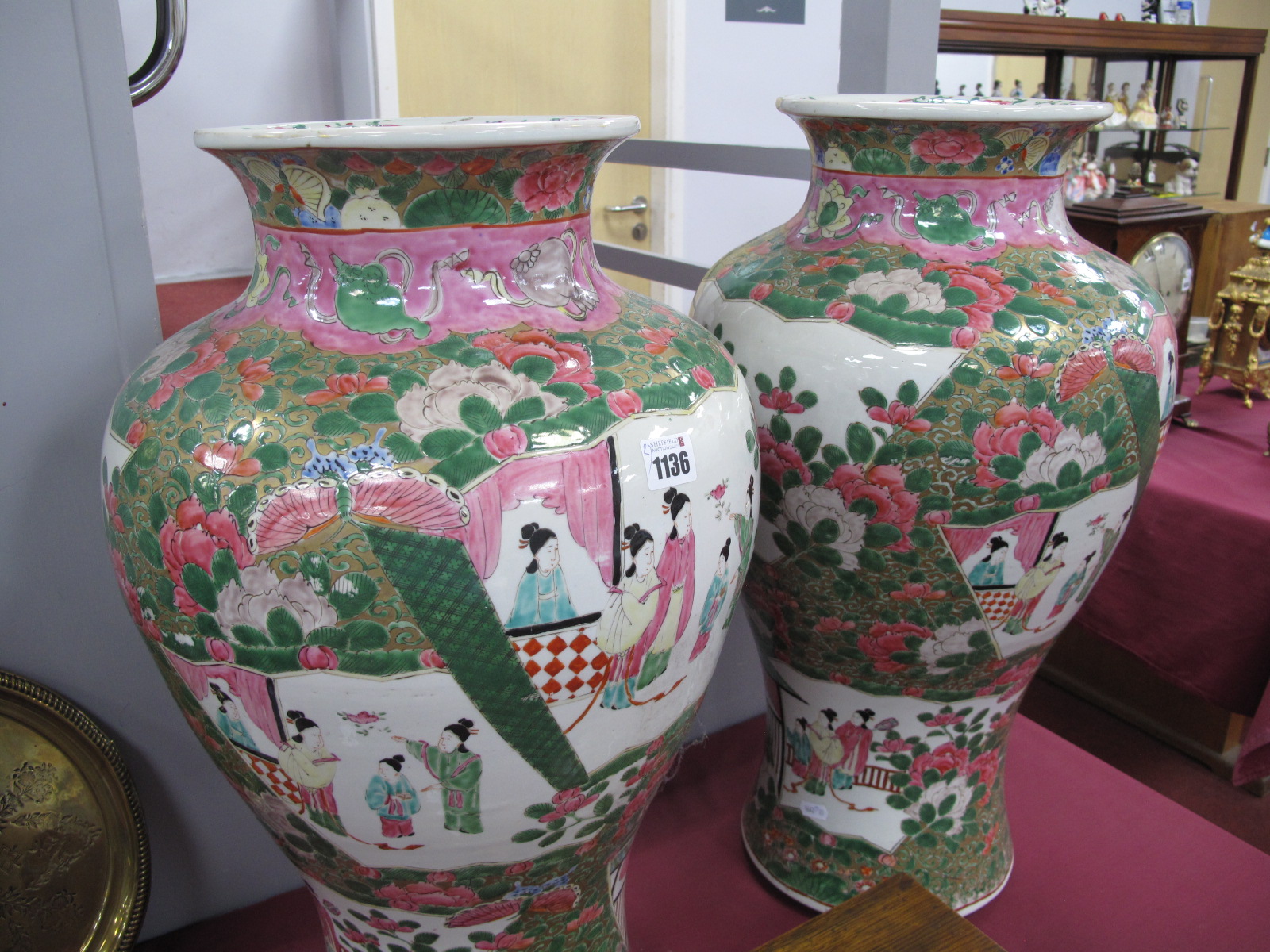 A Pair of Chinese Famille Rose Porcelain Vases, the panels decorated with female figures with - Image 6 of 6