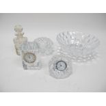 Two Waterford Crystal Clocks, perfume bottle, Orrefors posy and bowl, 19cm diameter.