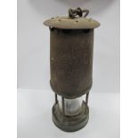 Miners Lamp, Protector, 9176, 184 to brass lower body, 26cm high with handle down.