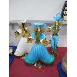 A Pair of Venetian Glass Company Mid XX Century Figures of Dancers, in turquoise, amber and white,