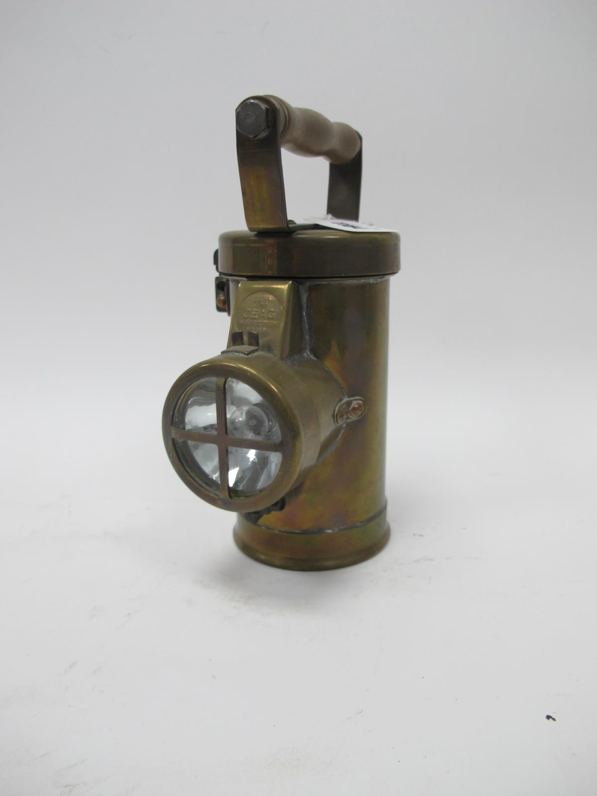 Miners Lamp, The Ceag Inspection Lamp, Barnsley, Yorks, 309721/28, brass body, turned wooden handle,