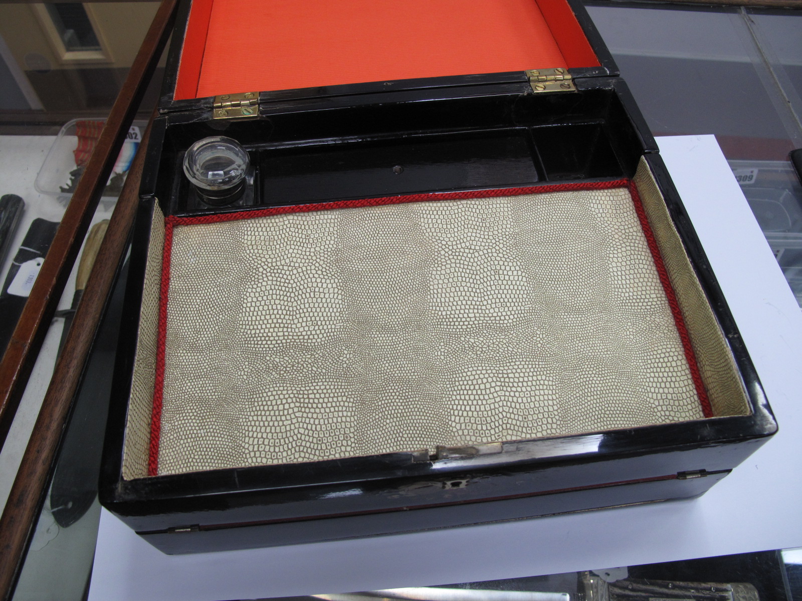 A Mid XIX century Black Lacquered Writing Box, with mother of pearl inset decoration to the lid, the - Image 2 of 4