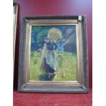 Contemporary, Unsigned, Girl Carrying Corn Beside Chickens and a Thatched Cottage, oil on canvas, 59