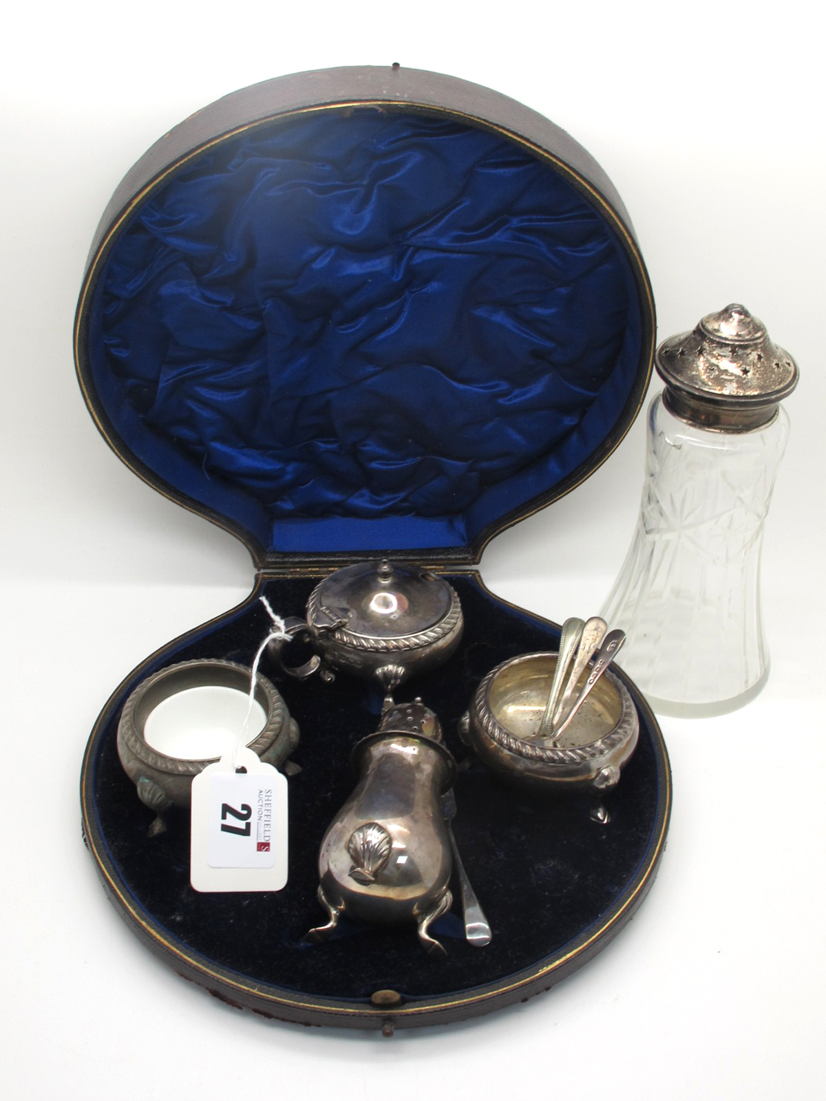 A Matched Hallmarked Silver Four Piece Cruet Set, Messrs Hutton, Sheffield 1904, 1930, (damage) with