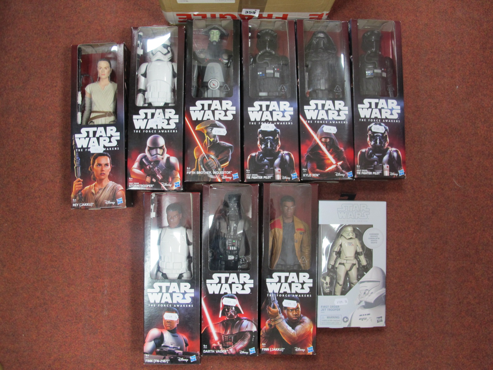 Ten Boxed Star Wars Figures, to include Rey, Kylo Ren, Finn and others, boxes/good.