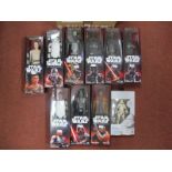 Ten Boxed Star Wars Figures, to include Rey, Kylo Ren, Finn and others, boxes/good.
