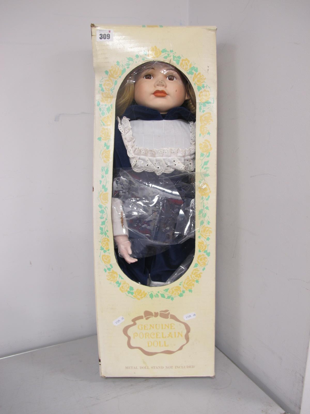 Genuine Porcelain Doll, approximately 68cm high, box in poor condition.